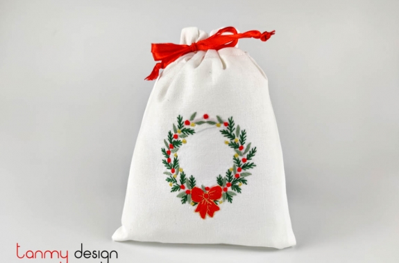    Túi quà Noel trắng thêu tay cỡ nhỏ-thêu Holly